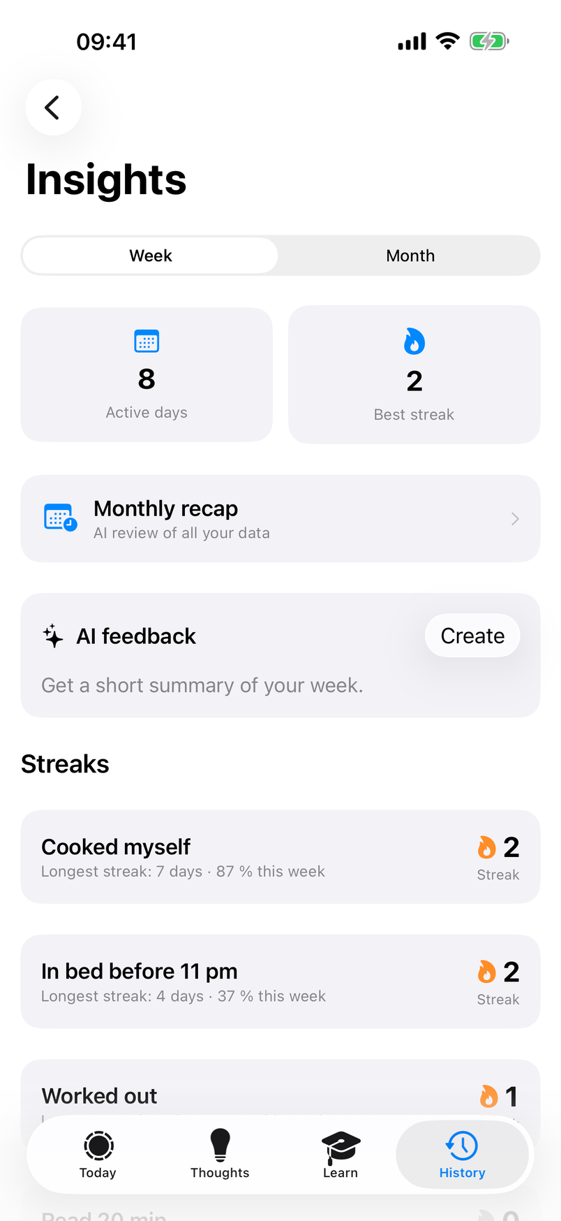 Insights with streaks and heatmap